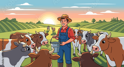 Happy farmer feeding cows in a green field at sunrise, depicting rural farm life and agriculture.