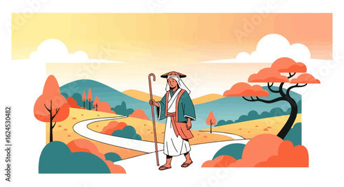 Traditional traveler on winding path in scenic, peaceful landscape illustration with warm colors