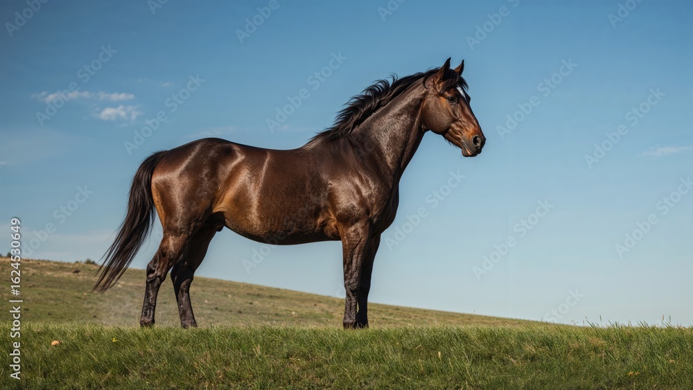 Fototapeta premium Elegant Dark Chestnut Stallion on a Hilltop in Natural Light