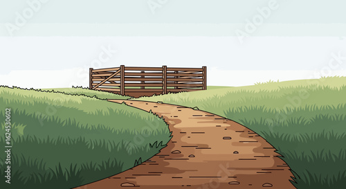 Winding rural dirt path through green fields leading to a wooden fence under a clear sky, cartoon illustration