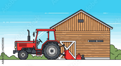 Red Farm Tractor Parked Beside Wooden Barn. Rural Agriculture Scene with Farming Equipment Illustration.