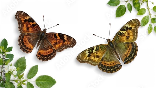 Striking Ornithoptera Croesus and Priamus butterflies in black, orange, and green hues displayed on a plain white background