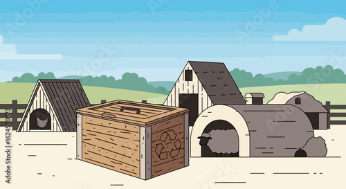 Eco-Friendly Farm Landscape with Compost Bin, Animal Shelters, and Rural Sustainable Living