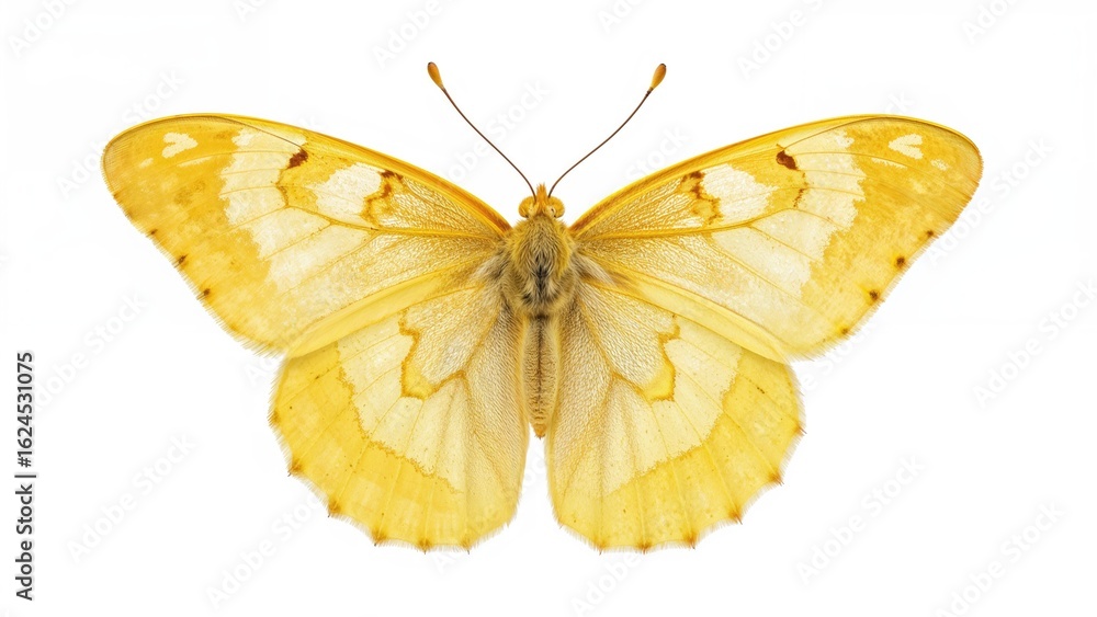 Fototapeta premium Large-winged bright yellow butterfly set against a white backdrop