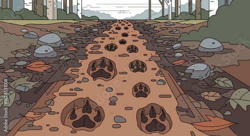 Illustration of Animal Paw Prints on Muddy Forest Path. Wildlife Tracks Through Woodland Trail.