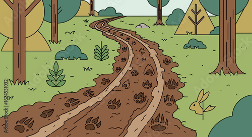 Muddy Forest Path with Various Animal Paw Prints. Cartoon Illustration of Wildlife Tracks on a Nature Trail with Rabbit.