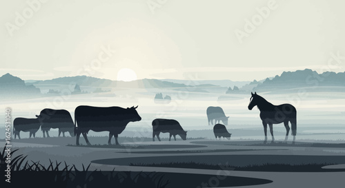 Silhouettes of grazing farm animals in a misty, serene rural landscape at dawn.