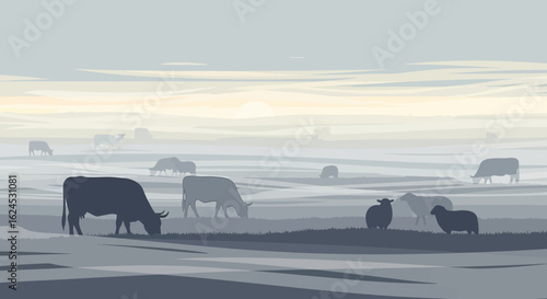 Atmospheric rural landscape with grazing cows and sheep silhouettes in thick fog. Misty field scene.