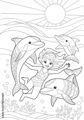 a girl swims with dolphins. coloring book