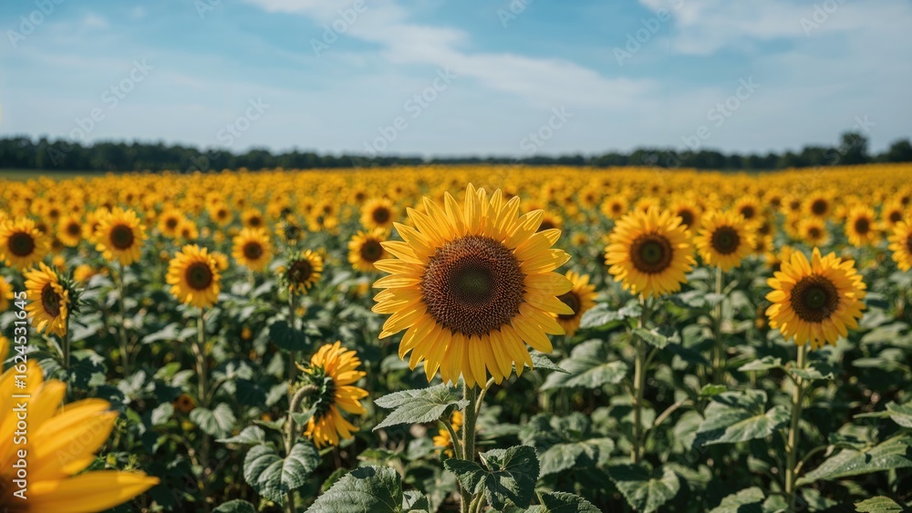 Fototapeta premium Vibrant yellow sunflowers blooming in a sunny meadow during summer.