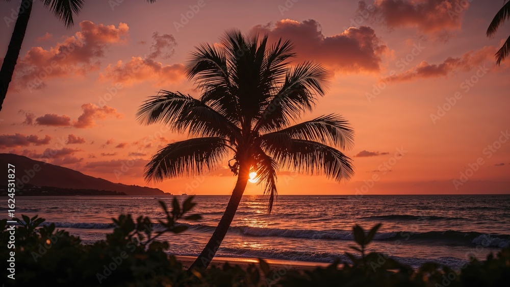 Obraz premium Palm Tree Silhouette on a Hill by the Shore