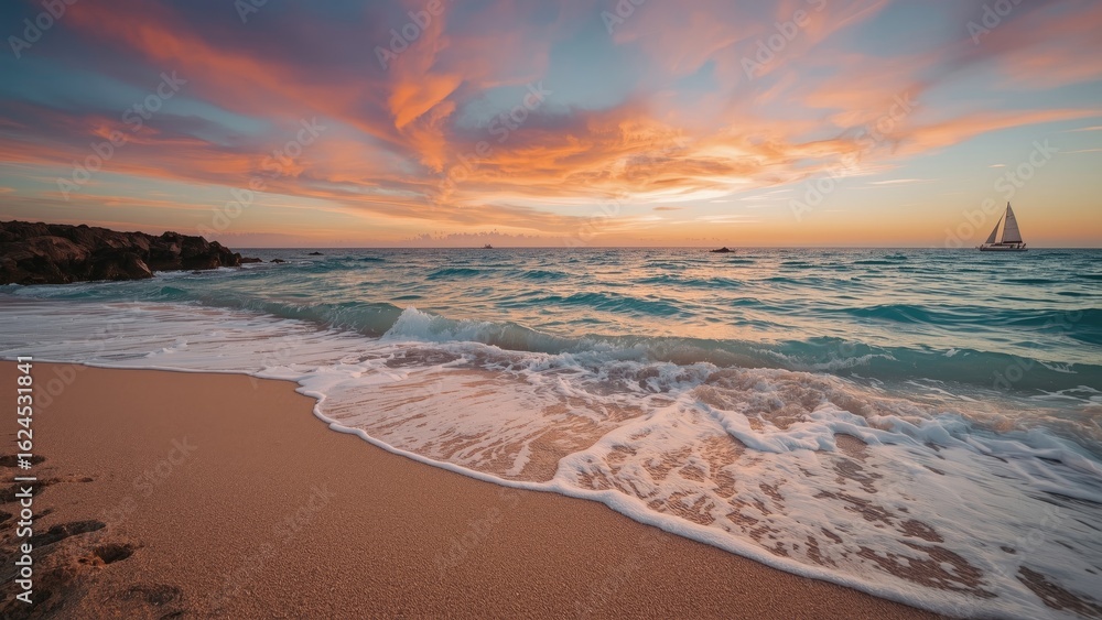 Obraz premium Evening seaside with gentle waves and warm sunset hues