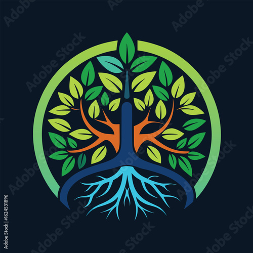 Symbolic illustration of lungs shaped like a tree with vibrant green leaves and strong roots, enclosed in a circle, representing health, nature, and growth