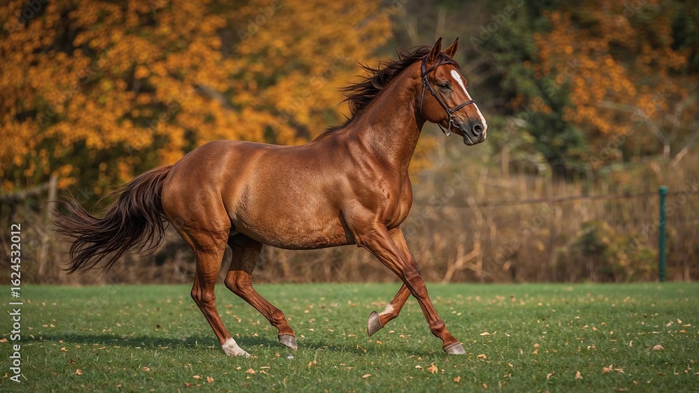 Obraz premium Brown equine sprinting across an enclosed pasture