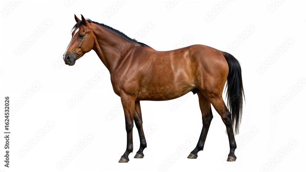 Fototapeta premium Bay-colored horse displayed outside with a plain white background