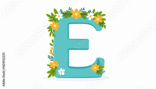 Light teal capital letter "E" decorated with floral embellishments.