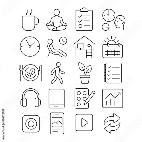 Monochrome line art: daily routine icons for productivity and wellness
