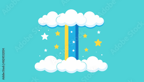 Cartoon illustration of fluffy white clouds with a blue and yellow stripe descending amidst scattered yellow stars against a light blue background.