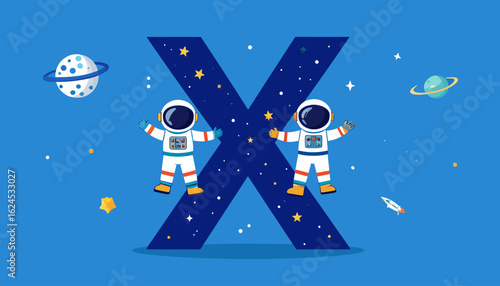 Two cartoon astronauts in space suits flanking a large letter X, surrounded by stars and planets.
