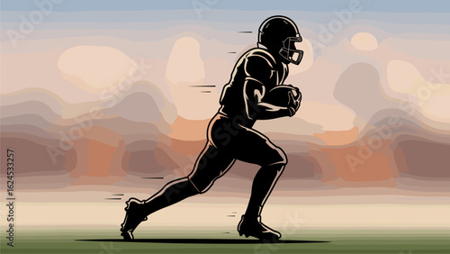 Dynamic American football player silhouette running with ball. Sports action illustration with vibrant sunset or sunrise background.