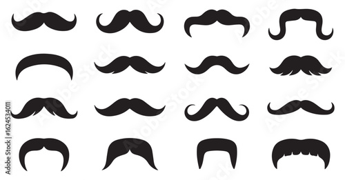 Icon Set of Mustaches: Various Facial Hair Designs in Black Silhouette