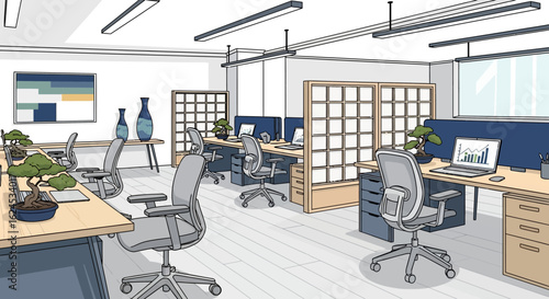 Modern Open Plan Office Interior Illustration. Contemporary Workspace with Desks, Chairs, Computers, and Minimalist Design.