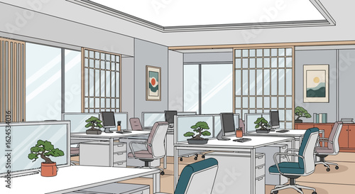 Modern Open-Plan Office Interior. Empty Contemporary Workspace with Desks, Computers, and Bonsai Trees.