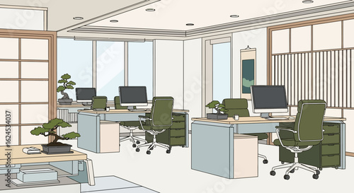 Modern Japanese Office Interior. Minimalist Workspace with Desks, Computers, Bonsai Trees, and Shoji Screens. Calm Professional Environment.