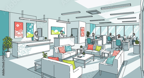 Vibrant modern open-plan office with reception, lounge seating, and busy workstations. Collaborative workspace illustration.