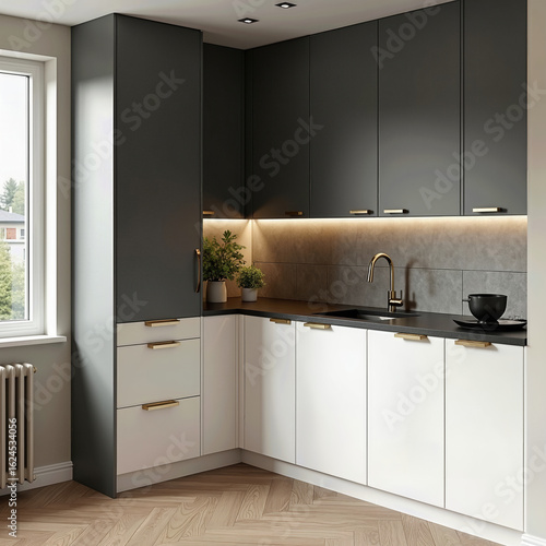 A sophisticated two-tone kitchen featuring sleek, dark grey upper cabinets and clean white lower cabinets, creating a modern and elegant high-contrast design.
