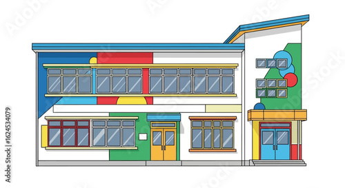 Vibrant Contemporary Educational Building Exterior in Flat Style Illustration