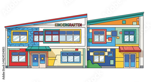 Colorful Modern Kindergarten Building Illustration for Children's Education