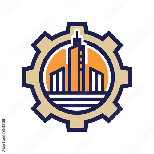 Abstract representation of industry and urban development, featuring a gear encompassing a cityscape with skyscrapers, isolated on a white background