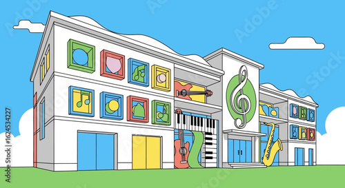 Modern Music and Art School Building Illustration with Integrated Instruments and Creative Symbols
