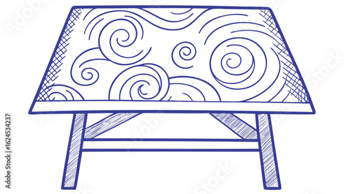 Illustration of a trapezoidal table with swirling patterns and cross hatched corner details in blue ink