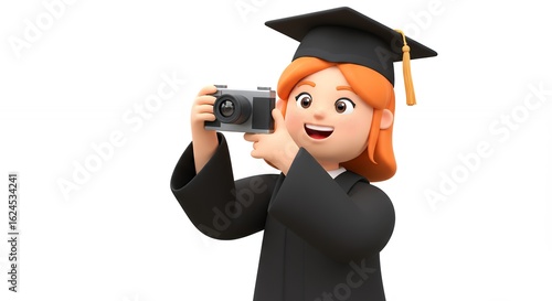 Cartoon female graduate taking photo with camera