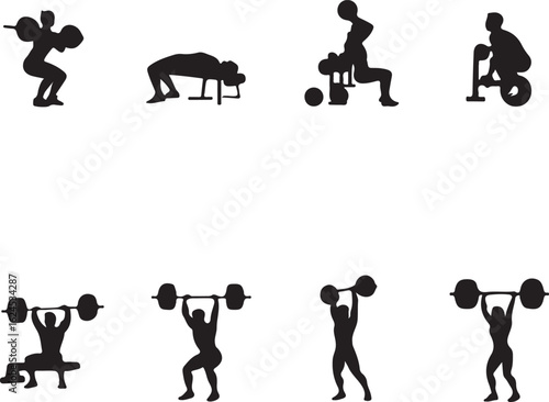 Weightlifters performing various exercises weightlifting strength training