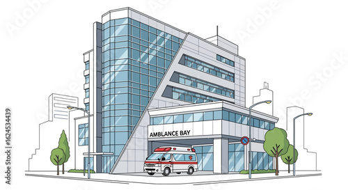 Modern Hospital Building Exterior with Emergency Ambulance and Urban Background Illustration