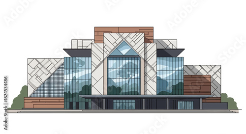 Contemporary Architectural Illustration of a Large Public Building with Glass and Geometric Elements