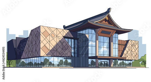 Modern Building with Traditional Asian Roof Design Illustration
