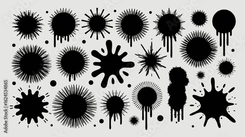 Collection of assorted black ink splatters and blots for abstract designs and backgrounds