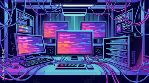 Cyberpunk control room illustration featuring multiple monitors, keyboards, and a server rack