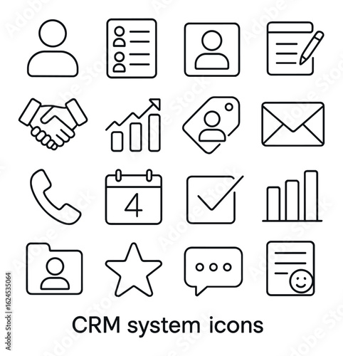 Crm system icons set with contacts, analytics, and communication tools