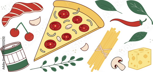 A delicious assortment of italian food ingredients isolated on transparent background