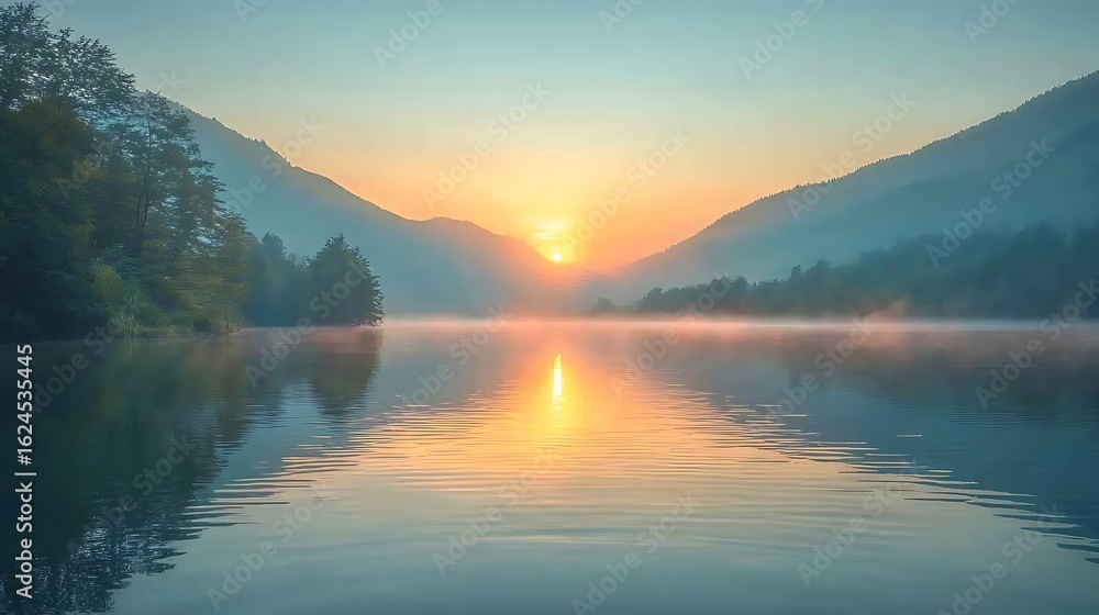 Fototapeta premium Stunning Sunrise Over Calm Mountain Lake High Resolution Picture