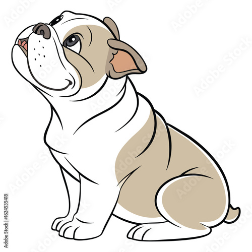 A charming cartoon illustration of a happy bulldog with distinctive markings standing proudly isolated on white background