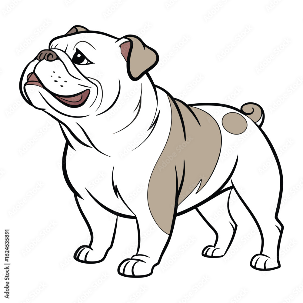 Fototapeta premium A charming cartoon illustration of a happy bulldog with distinctive markings standing proudly isolated on white background