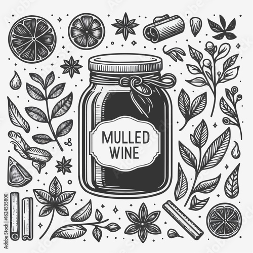 Jar of mulled wine with herbs and fruits, decorative style, black and white illustration