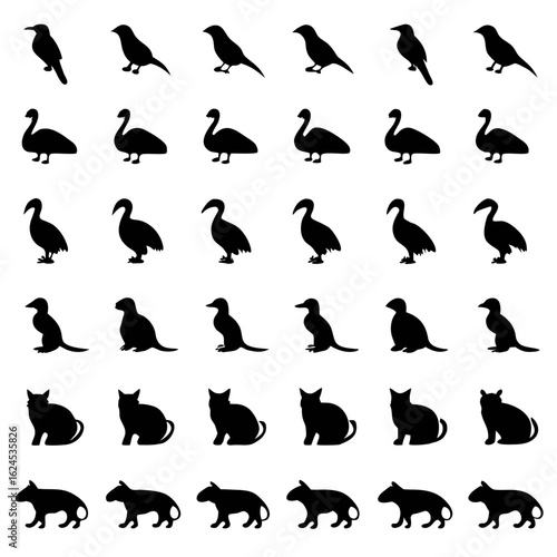 Grid of Animal Silhouettes Featuring Birds, Cats, and Rodents in Black and White vector illustration