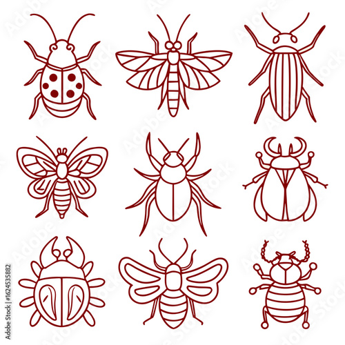 Set of nine stylized red line art insects including ladybugs, moths, and beetles vector illustration